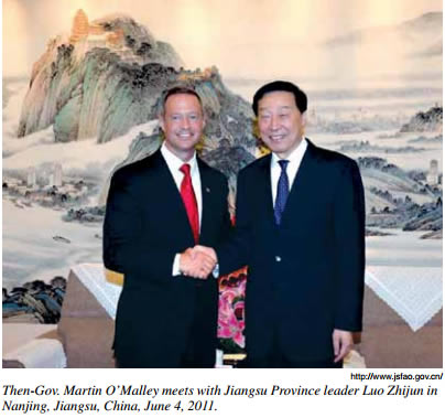 http://www.jsfao.gov.cn/  Then-Gov. Martin O’Malley meets with Jiangsu Province leader Luo Zhijun in
Nanjing, Jiangsu, China, June 4, 2011.