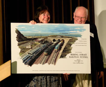 Helga Zepp-LaRouche and Hal Cooper holding artist's depiction of Bering Strait railway tunnel entrance