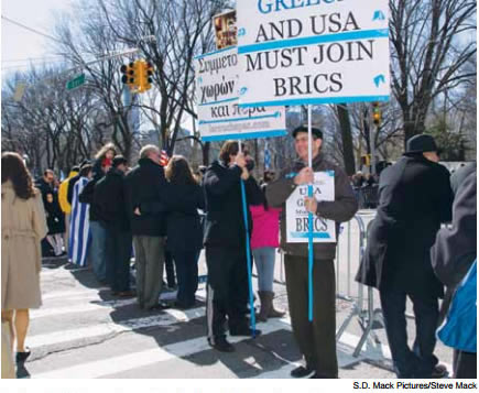 S.D. Mack Pictures/Steve Mack; LaRouchePAC organizers join the Greek Independence Day parade in New York on March 29, 2015: Greece and the USA must join the BRICS!
